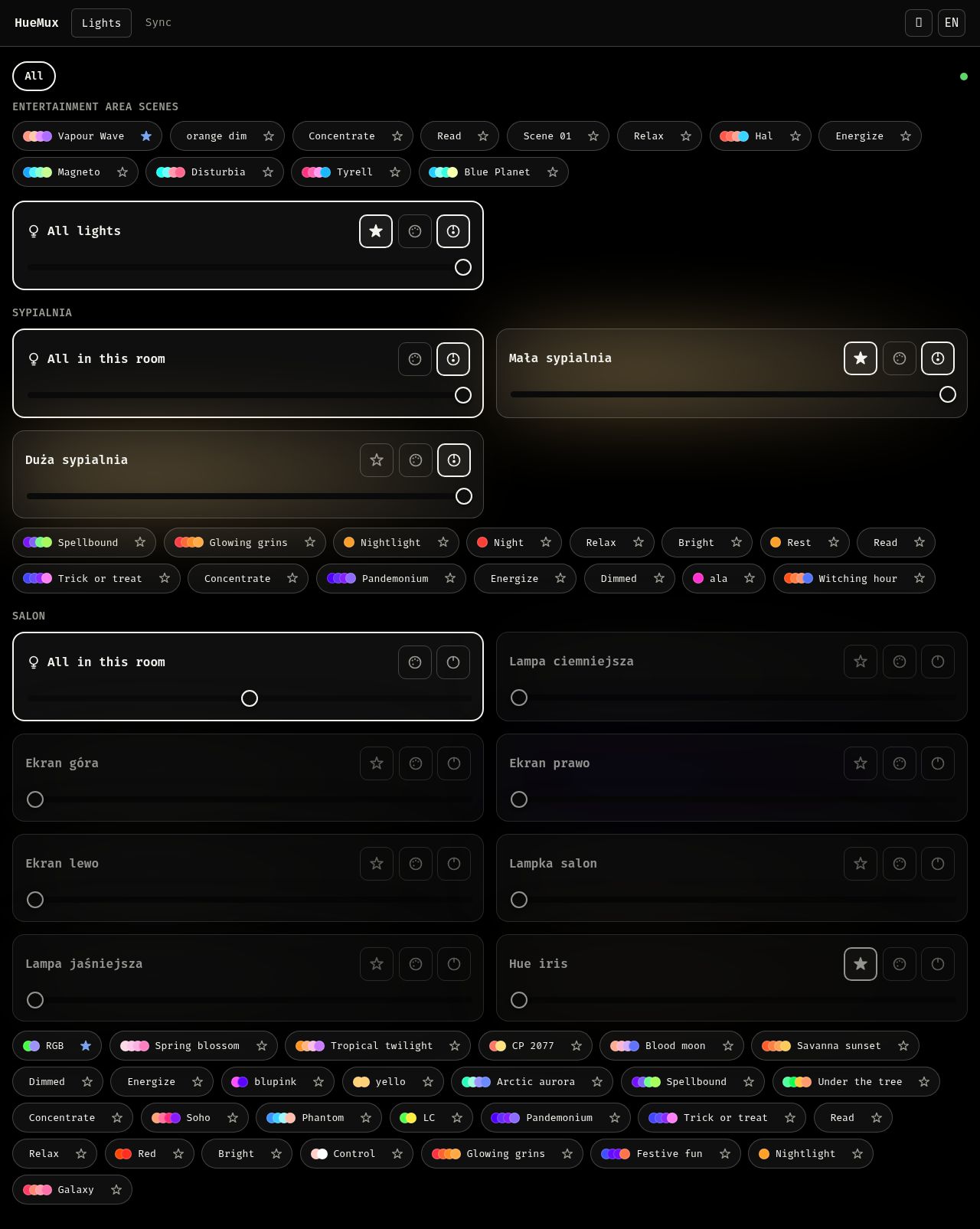 Light control panel, grouped by room, with entertainment-area scenes and favorites — dark theme