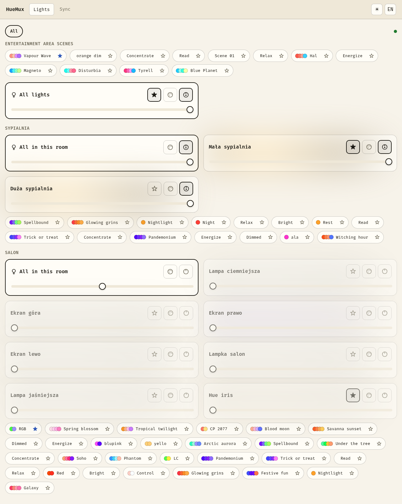 Light control panel, grouped by room, with entertainment-area scenes and favorites — light theme