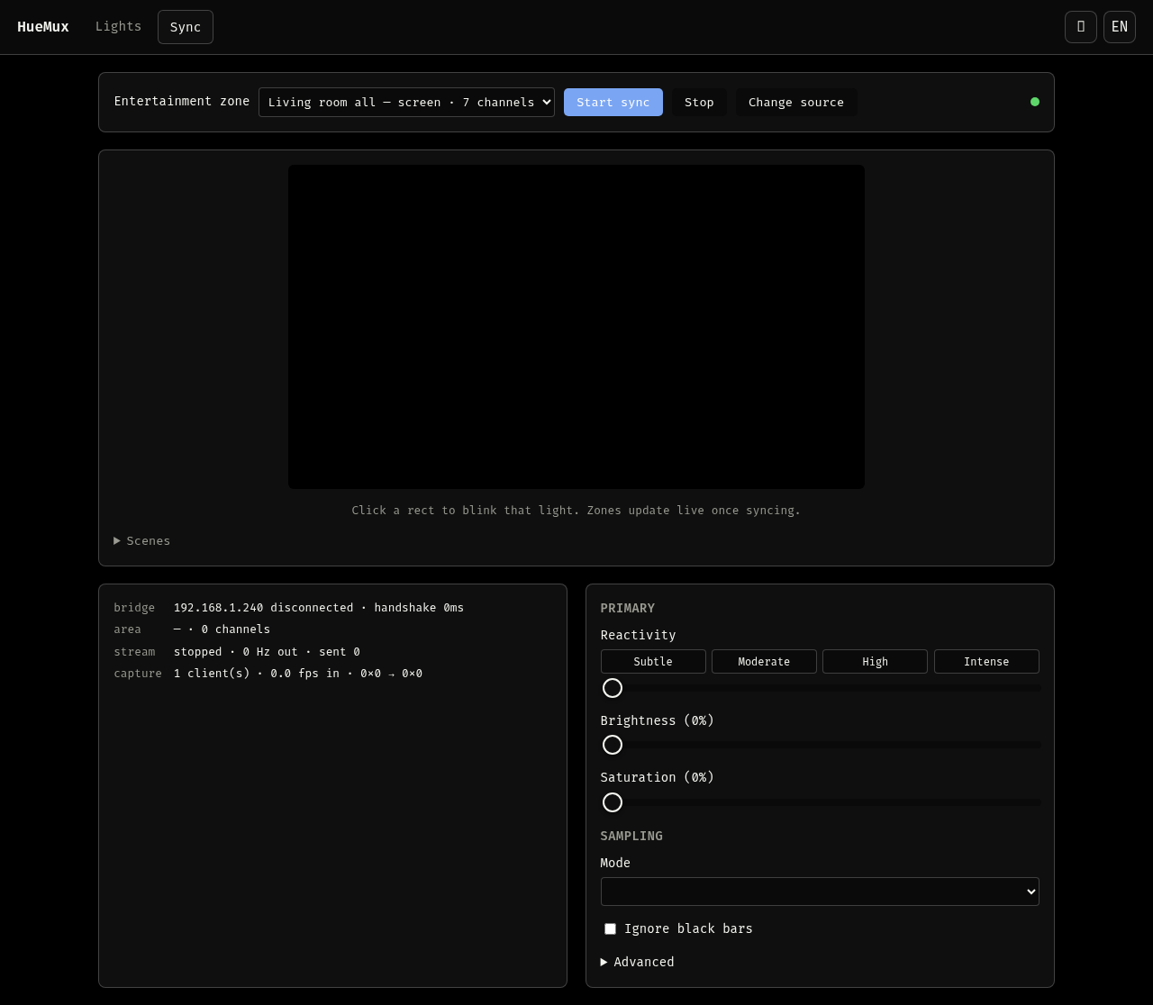 Screen sync panel, showing entertainment zone selection and the reactivity/sampling controls — dark theme