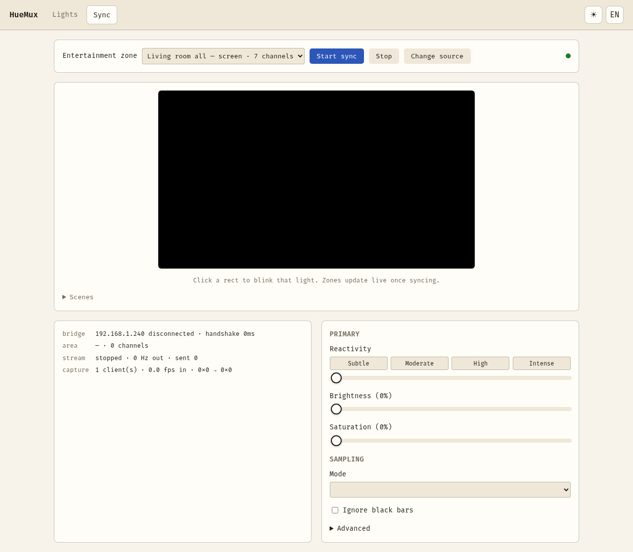 Screen sync panel, showing entertainment zone selection and the reactivity/sampling controls — light theme